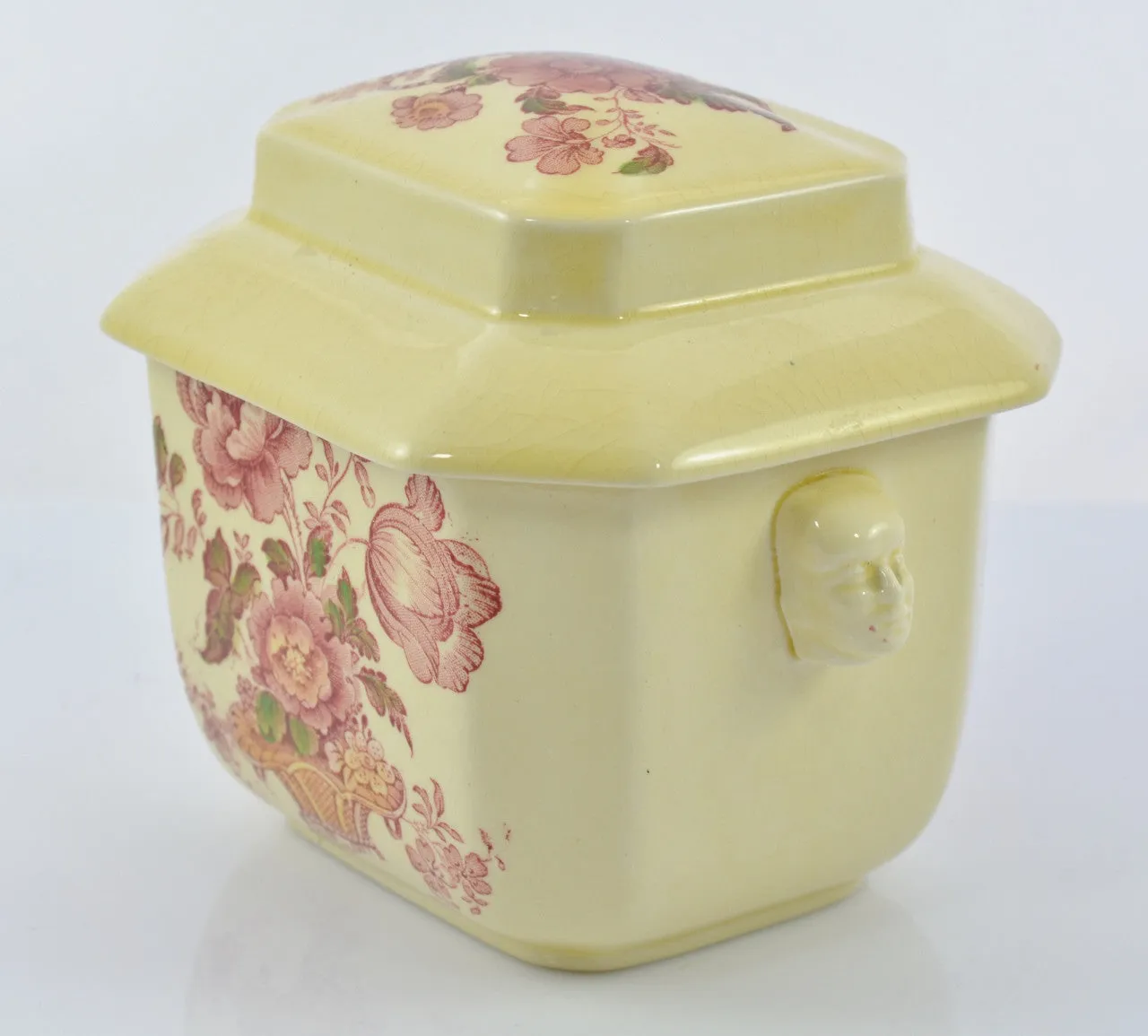 Vintage Red Polychrome Transferware Tea Caddy Figural Face Shaped Handles Lidded Jar